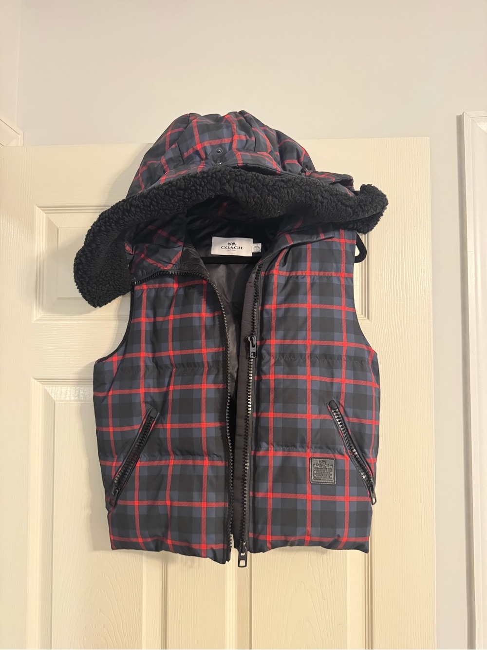 Coach Navy & Red Plaid Puffer Vest with Hood